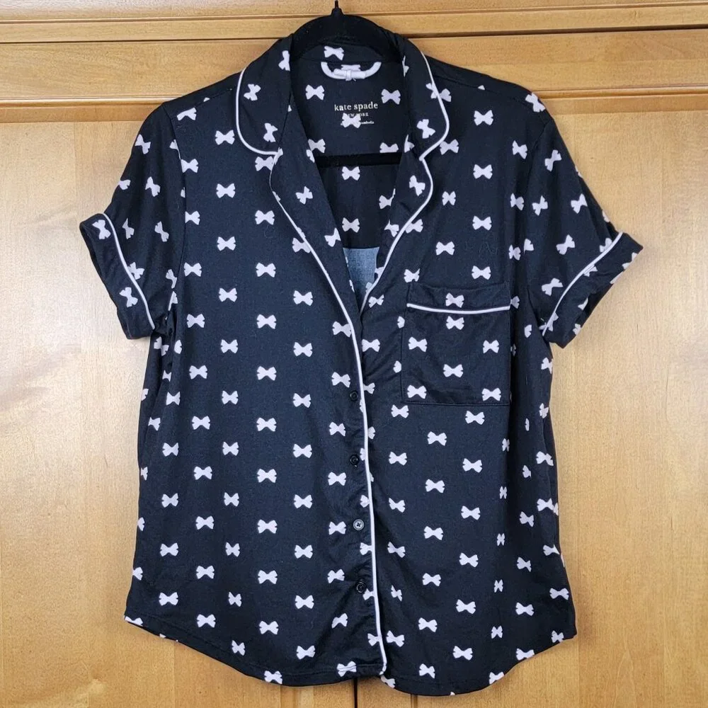 Women's Soft 2 Pc Kate Spade Pajama Set Black Pale Pink Bows - M - Picture 4 of 13